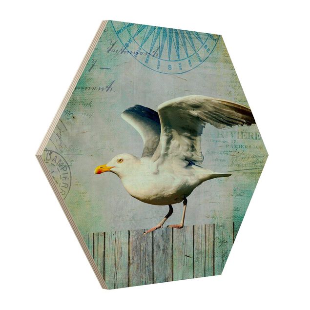Billeder moderne Vintage Collage - Seagull On Wooden Planks
