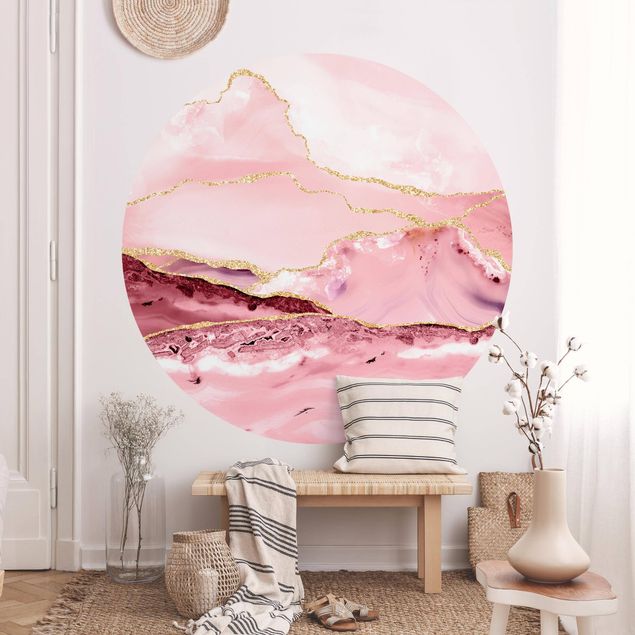 Tapet marmor Abstract Mountains Pink With Golden Lines