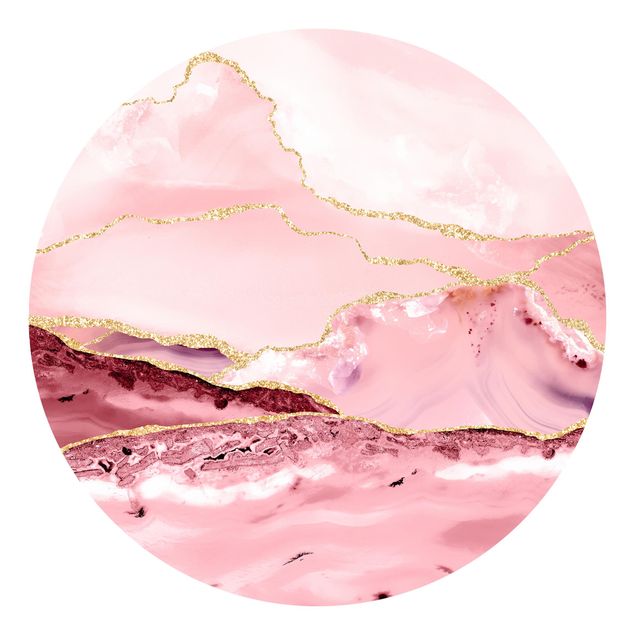Tapet med mønster Abstract Mountains Pink With Golden Lines