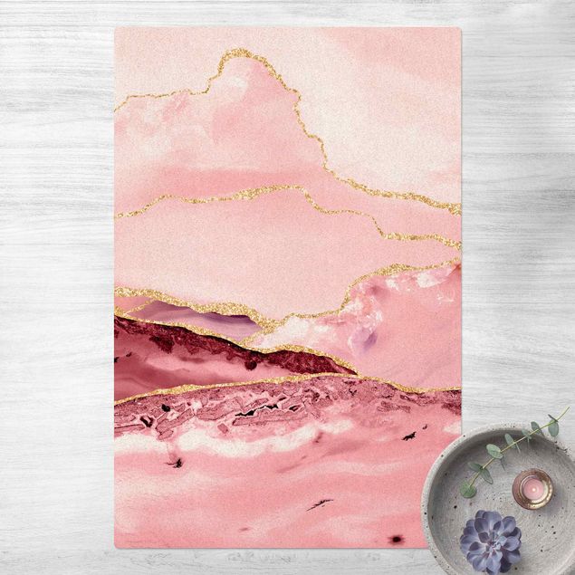 moderne gulvtæppe Abstract Mountains Pink With Golden Lines