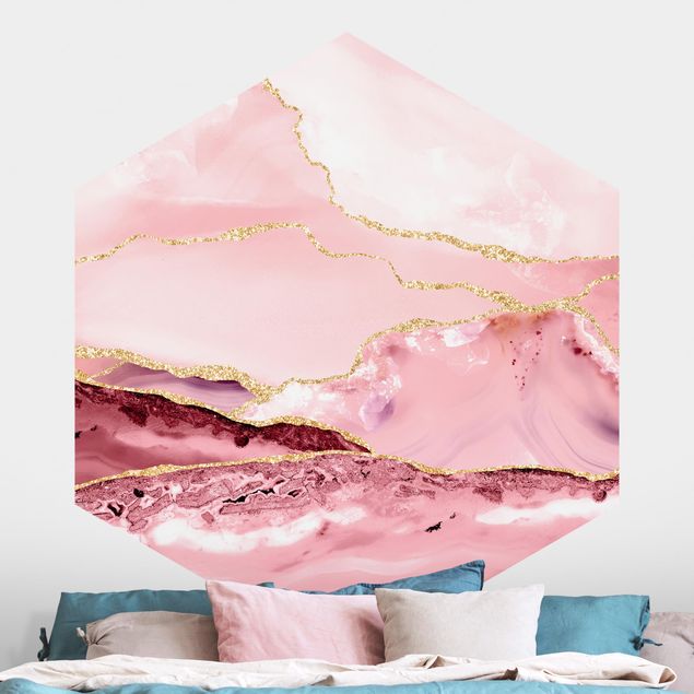 Tapet marmor Abstract Mountains Pink With Golden Lines