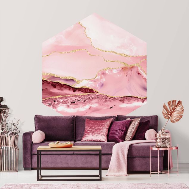 Fototapet bjerge Abstract Mountains Pink With Golden Lines