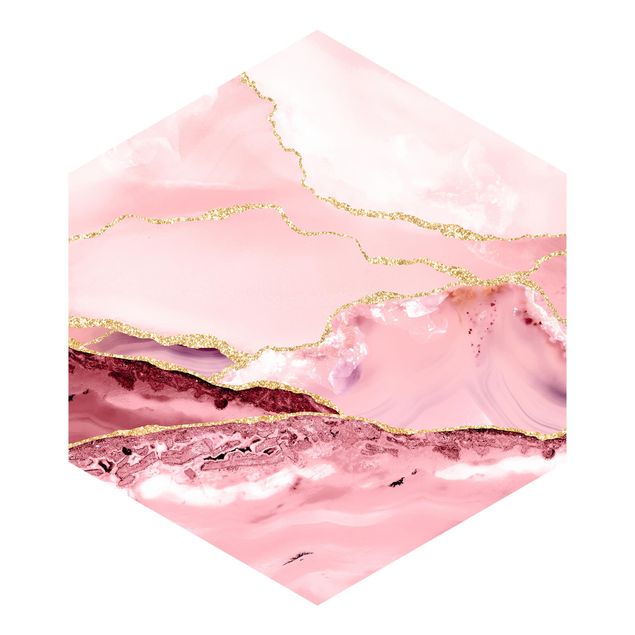 Tapet moderne Abstract Mountains Pink With Golden Lines