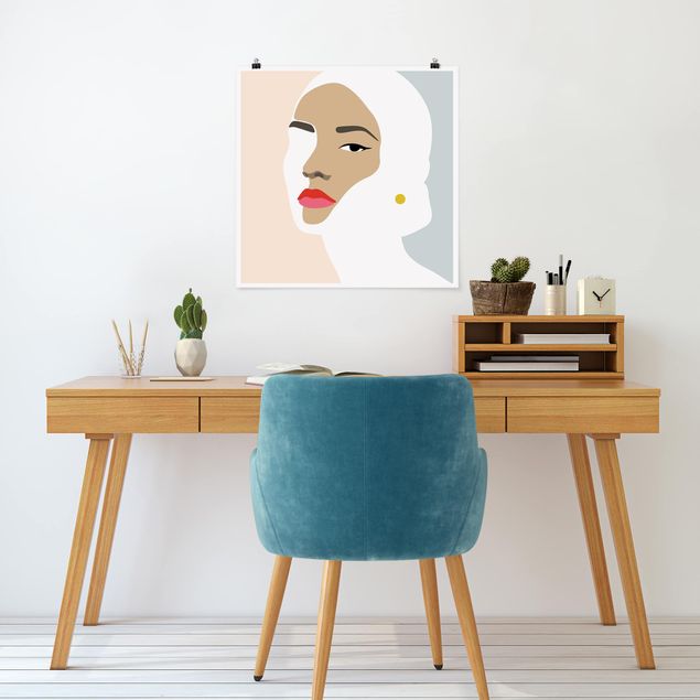 Plakater kunsttryk Line Art Portrait Woman Pastel Grey