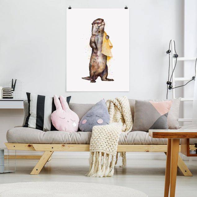 Plakater dyr Illustration Otter With Towel Painting White