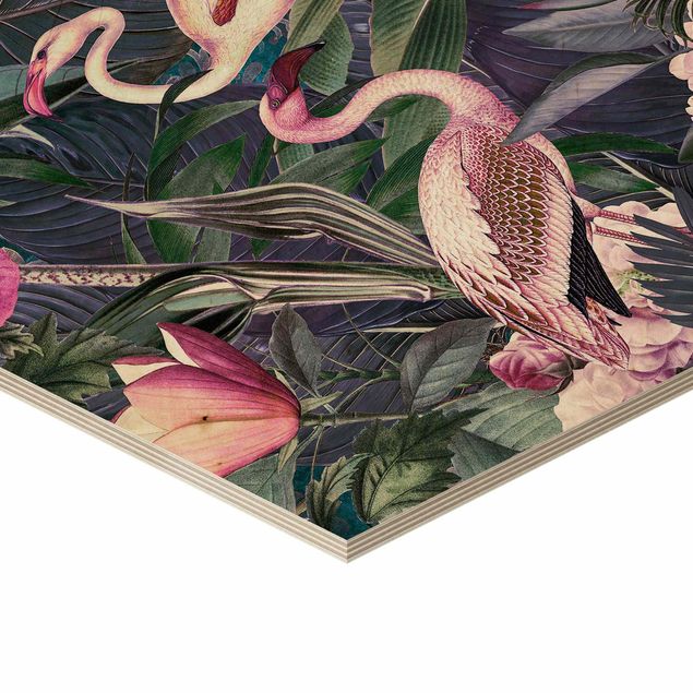 Sekskantede billeder Colorful Collage - Pink Flamingos In The Jungle