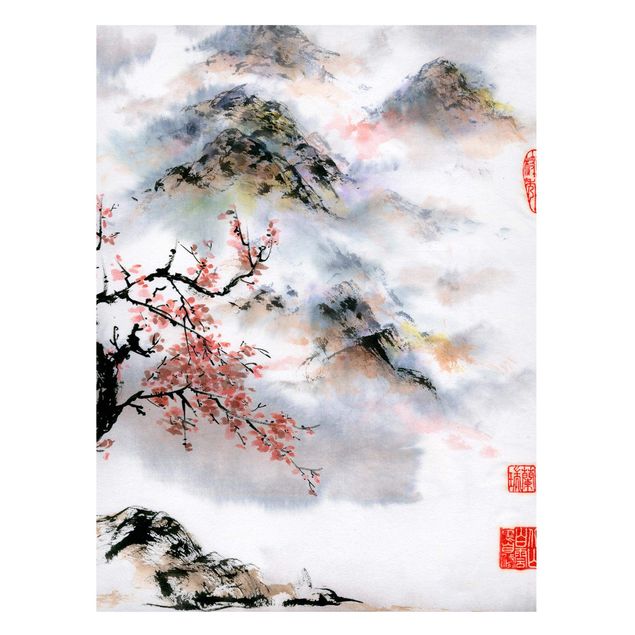 Billeder træer Japanese Watercolour Drawing Cherry Tree And Mountains