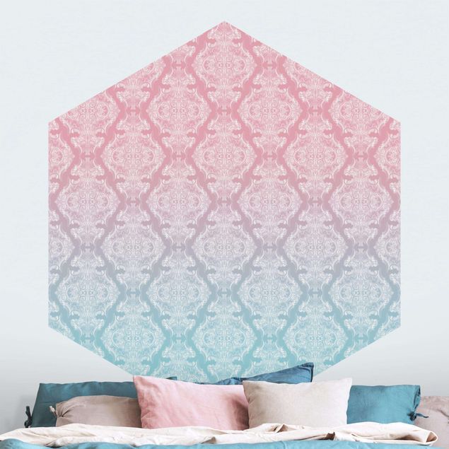 Tapet barok Watercolour Baroque Pattern With Blue Pink Gradient