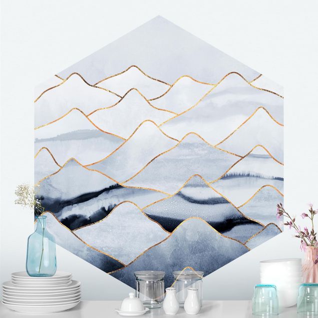 Fototapet bjerge Watercolour Mountains White Gold