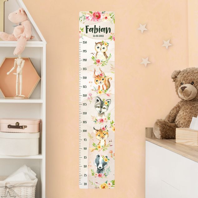 Wallstickers fugle Watercolour flowers forest animals with custom name