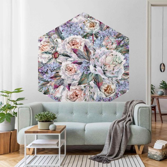 Tapet blomster Watercolour Lilac Peony Bouquet