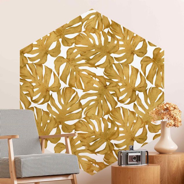 Fototapet blomster Watercolour Monstera Leaves In Gold