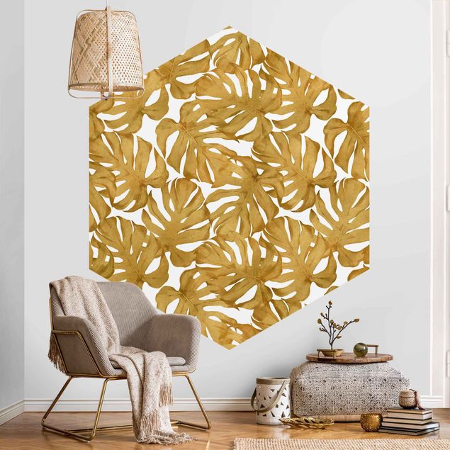 Tapet mønster Watercolour Monstera Leaves In Gold