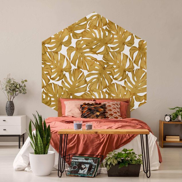 Moderne tapet Watercolour Monstera Leaves In Gold