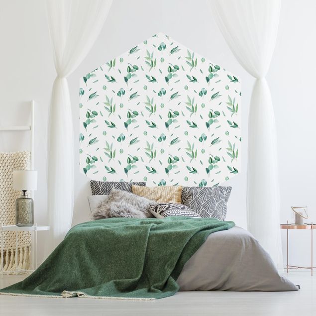 Moderne tapet Watercolor Pattern Leaves And Eucalyptus