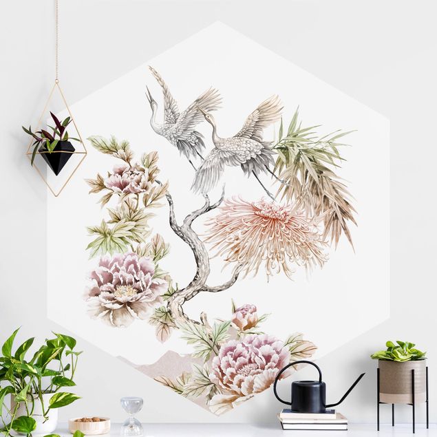 køkken dekorationer Watercolour Storks In Flight With Flowers
