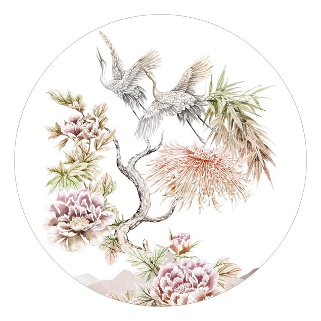 Fototapet blomster Watercolour Storks In Flight With Flowers
