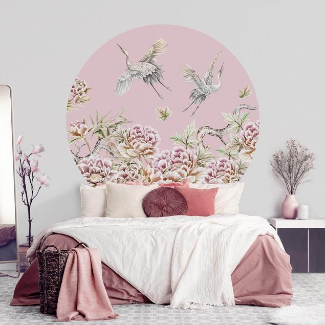 køkken dekorationer Watercolour Storks In Flight With Roses On Pink