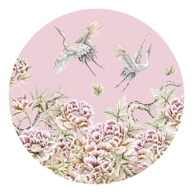 Blomster tapet Watercolour Storks In Flight With Roses On Pink