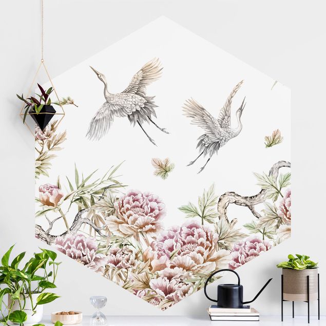 køkken dekorationer Watercolour Storks In Flight With Roses