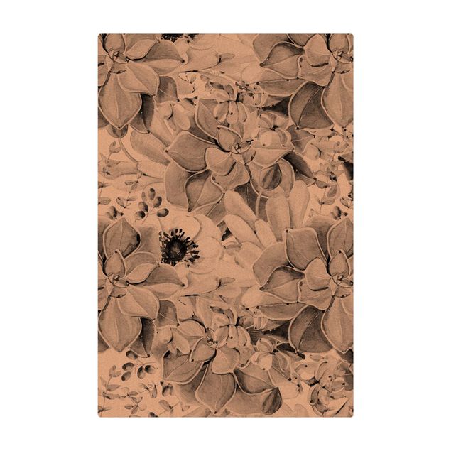 Kork-Teppich - Aquarell Sukkulente mit Blüte in Schwarz Weiß - Hochformat 2:3