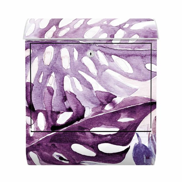 Postkasser Watercolour Tropical Leaves With Monstera In Aubergine
