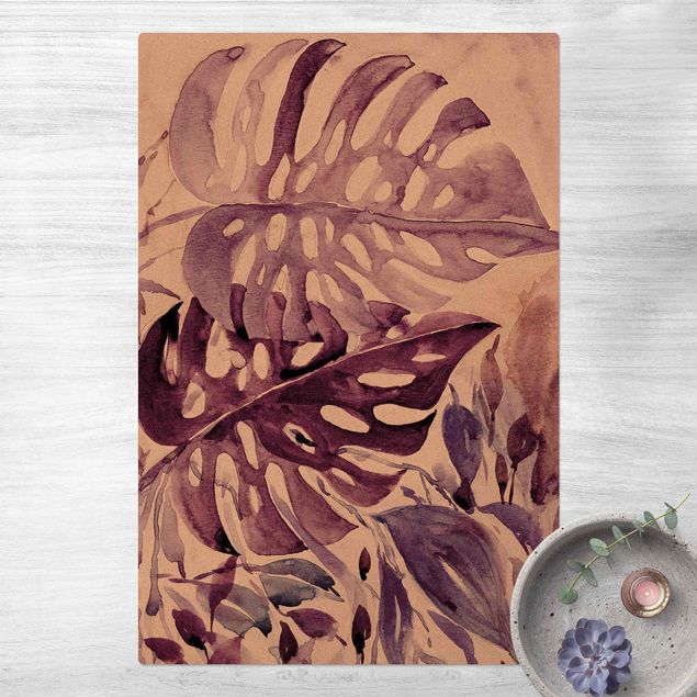 moderne tæppe Watercolour Tropical Leaves With Monstera In Aubergine
