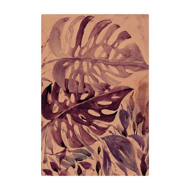 stort tæppe Watercolour Tropical Leaves With Monstera In Aubergine