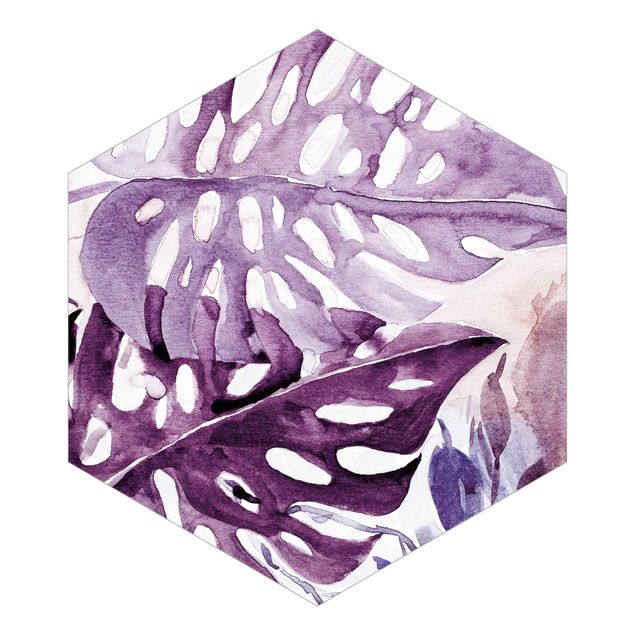 Tapet Watercolour Tropical Leaves With Monstera In Aubergine