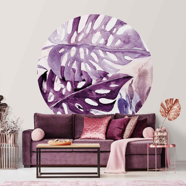 Fototapet bjerge Watercolour Tropical Leaves With Monstera In Aubergine