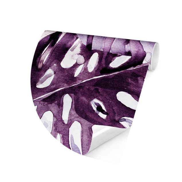 Blomster tapet Watercolour Tropical Leaves With Monstera In Aubergine