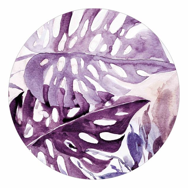Moderne tapet Watercolour Tropical Leaves With Monstera In Aubergine