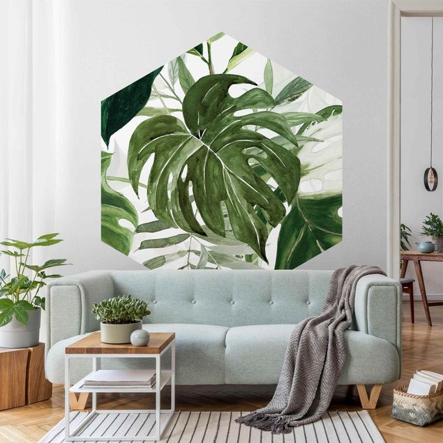 Moderne tapet Watercolour Tropical Arrangement With Monstera