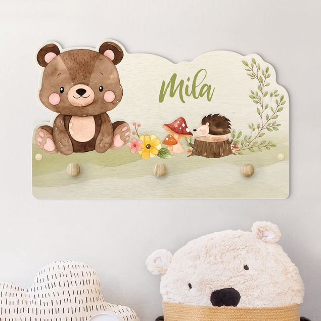 Børneværelse deco Watercolour Forest Animal Bear With Customised Name
