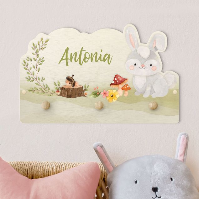Børneværelse deco Watercolour Forest Animal Bunny With Customised Name