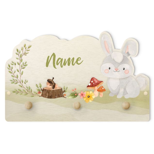 Knagerækker grøn Watercolour Forest Animal Bunny With Customised Name