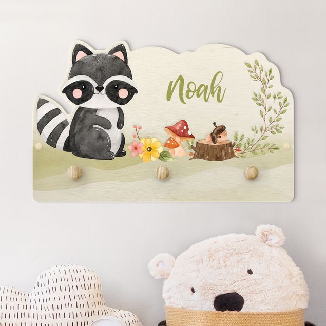 Børneværelse deco Watercolour Forest Animal Raccoon With Customised Name