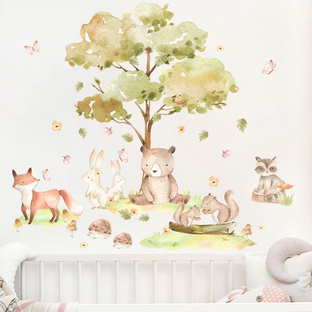 Wallstickers skovens dyr Watercolour forest animals and autumn tree