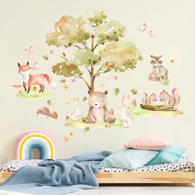 Wallstickers træer Watercolour forest animals and autumn tree