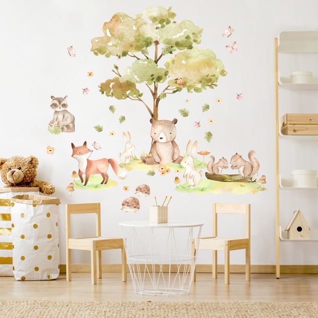 Wallstickers bjørne Watercolour forest animals and autumn tree