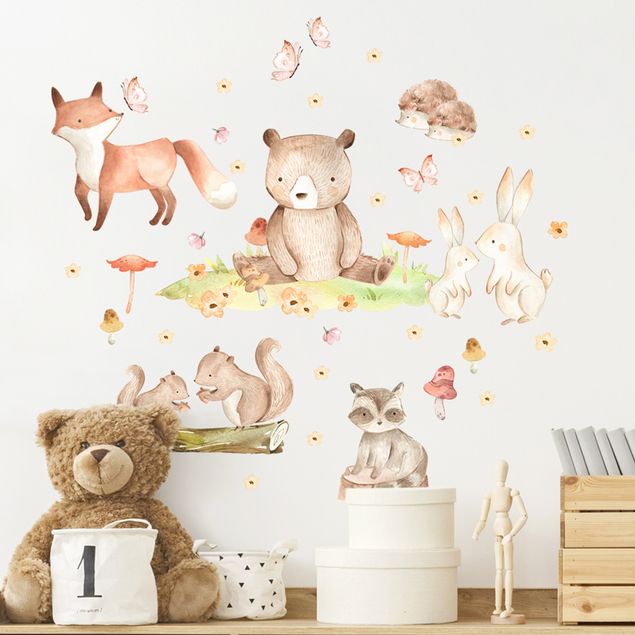 Wallstickers skovens dyr Watercolour forest animals with butterflies and flowers