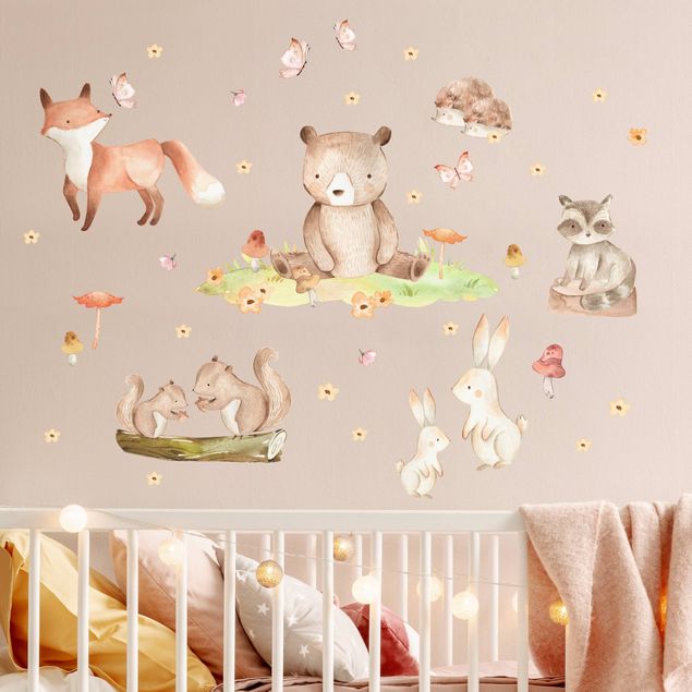 Wallstickers træer Watercolour forest animals with butterflies and flowers