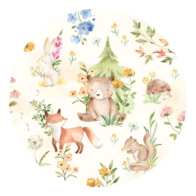 Moderne tapet Watercolour forest animals and flowers