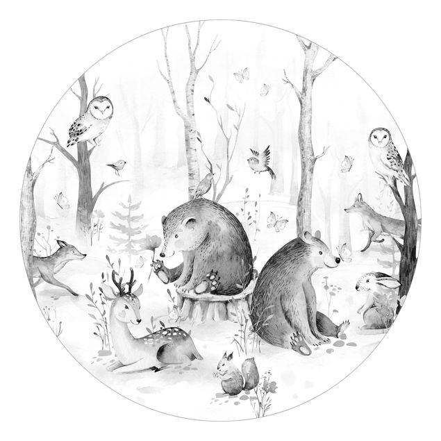 Sort hvid tapet Watercolour Forest Animal Friends Black And White