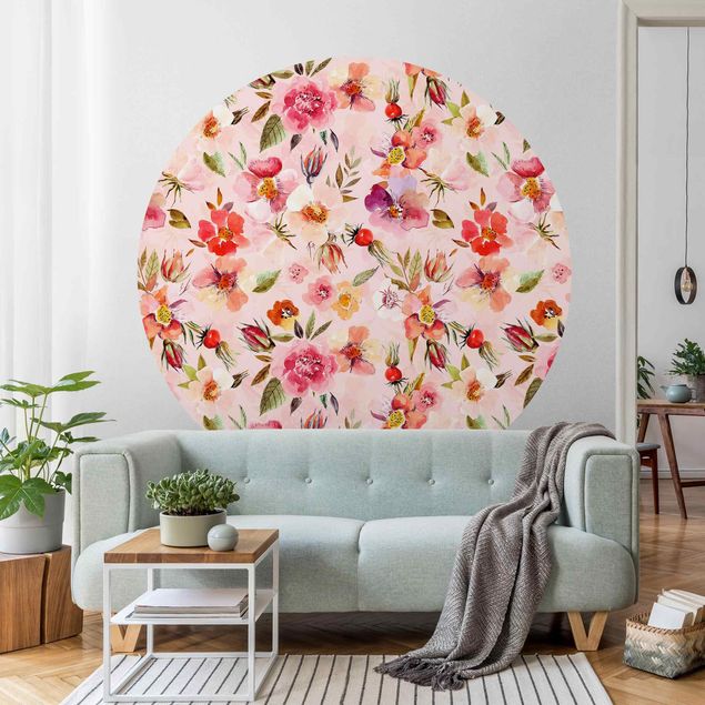 Mønstret tapeter Watercolour Flowers On Light Pink