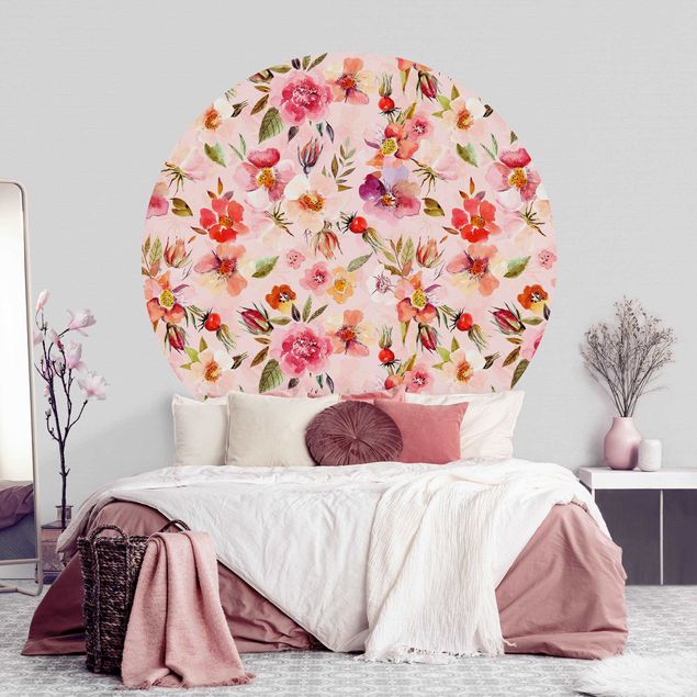 Moderne tapet Watercolour Flowers On Light Pink
