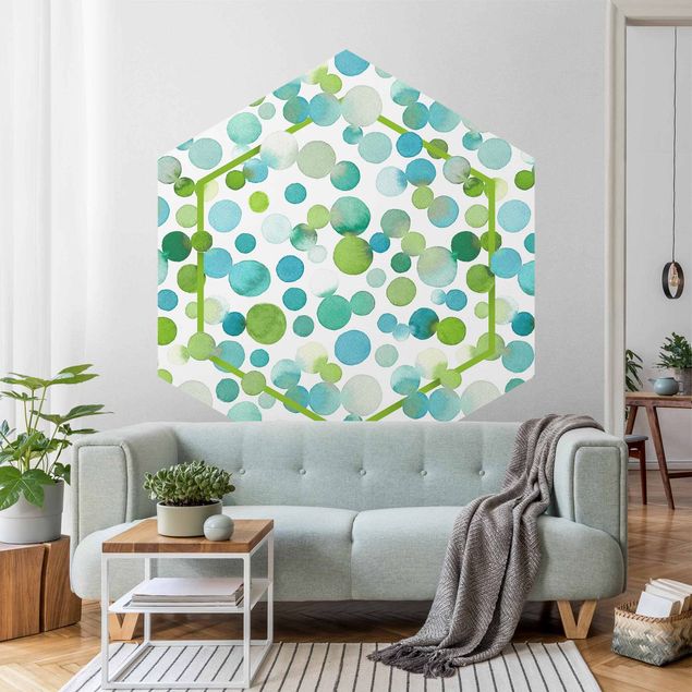 Mønstret tapeter Watercolour Dots Confetti In Bluish Green