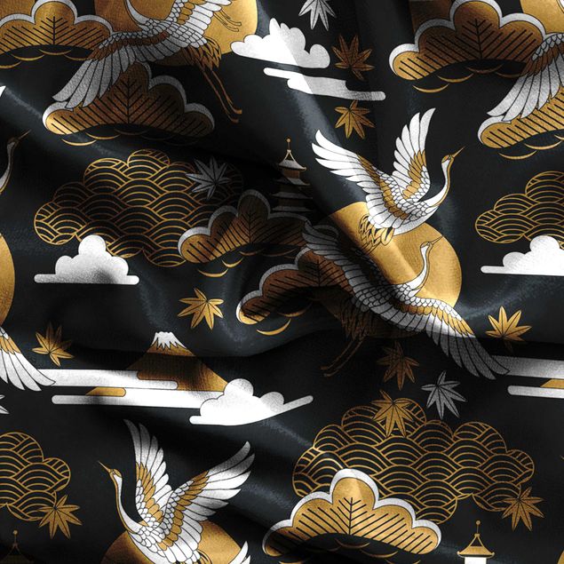 gardiner til store vinduer Asian Pattern With Cranes In Autumn