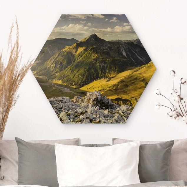 Prints på træ landskaber Mountains And Valley Of The Lechtal Alps In Tirol