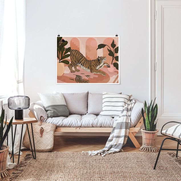 Plakater kunsttryk Illustration Tiger In Pastel Pink Painting